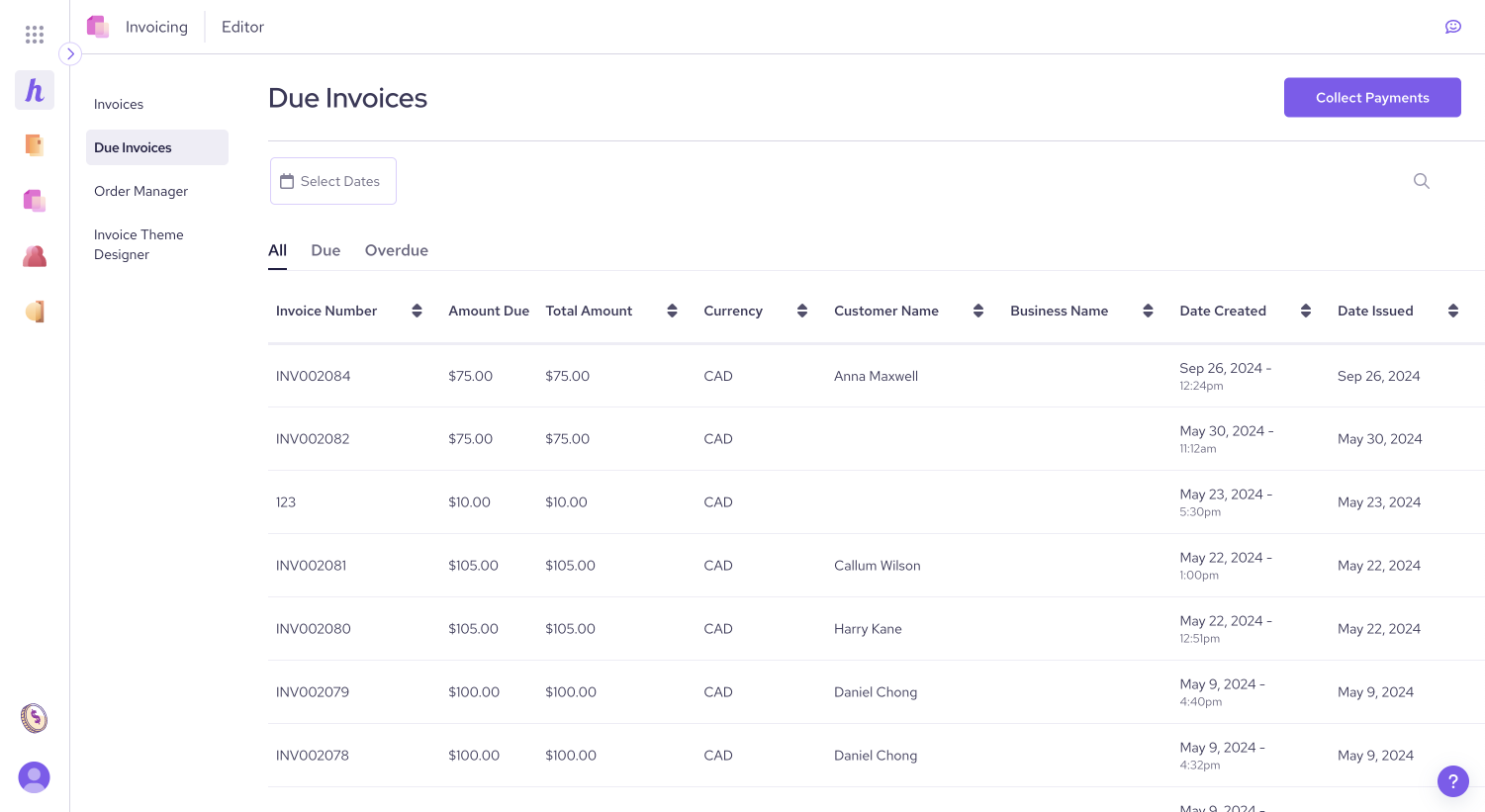 Viewing due invoices in Helcim